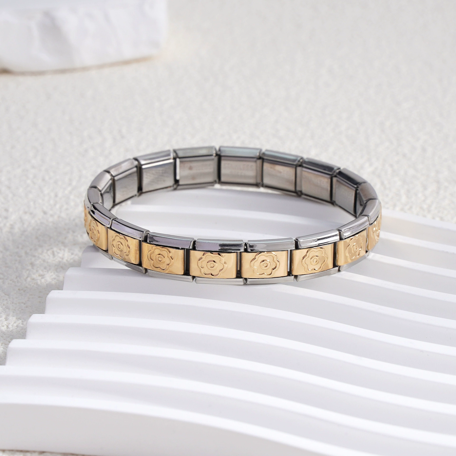 stainless steel bracelet, removable elastic link watch strap, italian european style, assorted charms