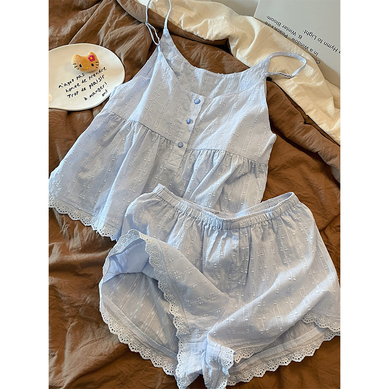 Ins Lazy Style Soft Lace Suspender Pajamas for Women Summer 2026 New Blue Shorts Home Wear Set Summer Ins Lazy Style Soft Lace Suspender Pajamas for Women Summer 2026 New Blue Shorts Home Wear Set Summer