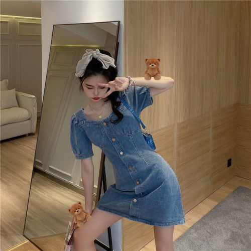 Age-defying French denim dress for women, summer size large, for plus-size women, bubble sleeves, waist-cinching, slenderizing, covering belly and back, strap dress