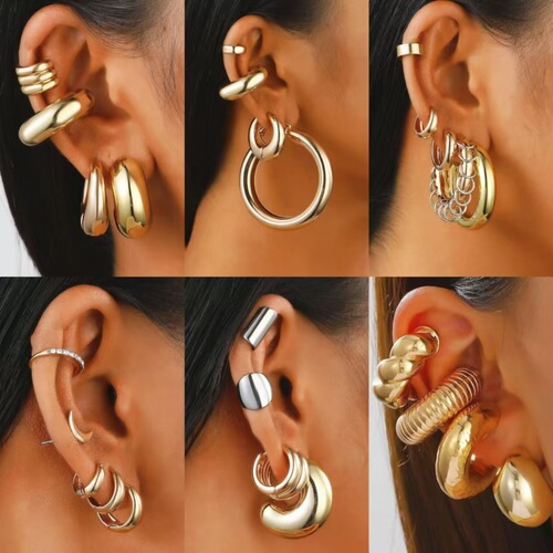 Earrings Women's European and American Simple Ins Exaggerated Earring Set Decorative Retro High-end Personalized Circle Ear Clip 