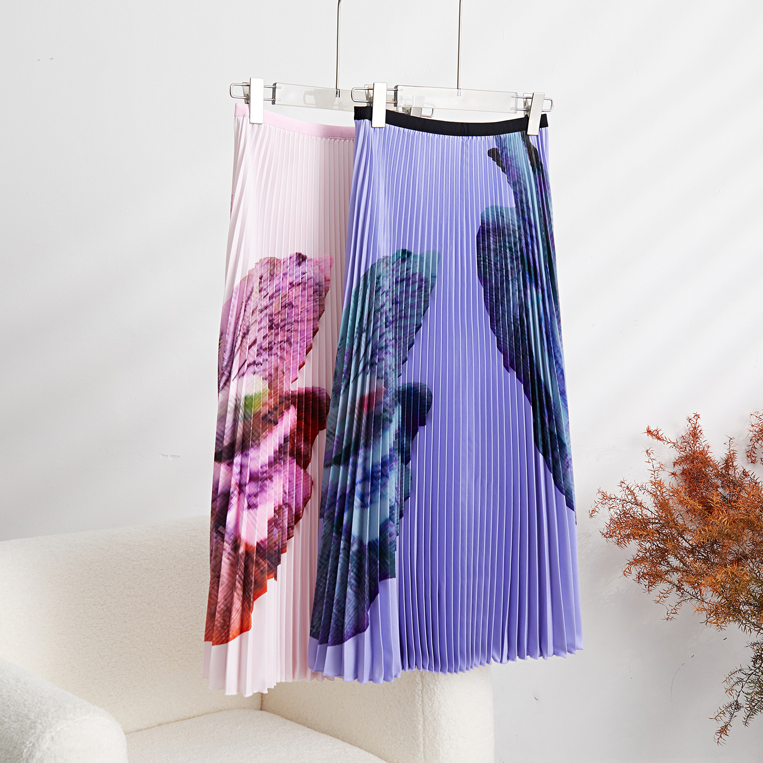 Women's Pleated Skirt Set - Floral Print Top & Long Pleated Skirt - Japanese-Inspired Casual Outfit (Purple/Pink/Dark Green/Gray, Sizes 78-90cm)_ecoleips.com