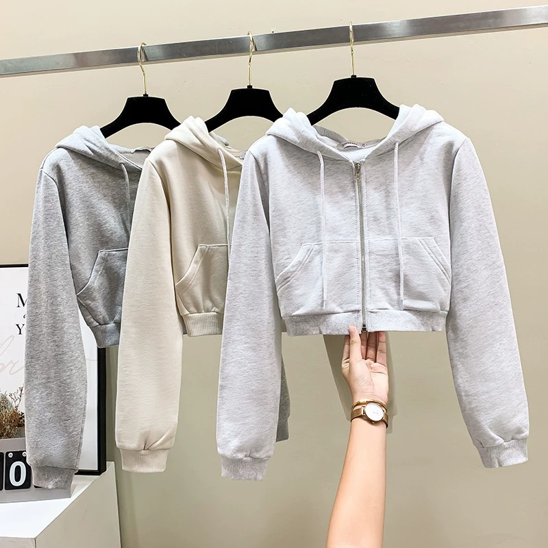 Весенне-осенняя корейская версия 2025 года на флисовой подкладке, новый простой топ на молнии с капюшоном и высокой талией, короткий кардиган, модный женский свитер