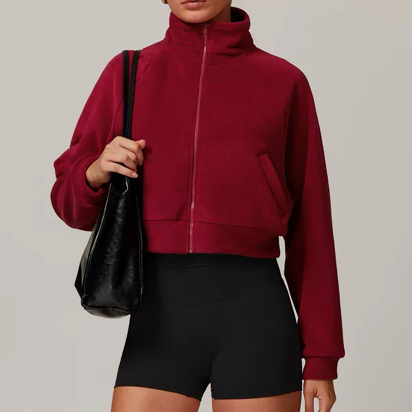 European and American Autumn and Winter Velvet Sports Outwear Women's Stand-Up Collar Zipper Yoga Wear Warm Thickeneded Windproof Fitness Jacket Top