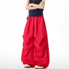 韓国ヒップホップレトロハイストリートプリーツストレートシミターワイドレッグパンツ女性の夏ルーズ痩身ニッチフロアレングスパンツ