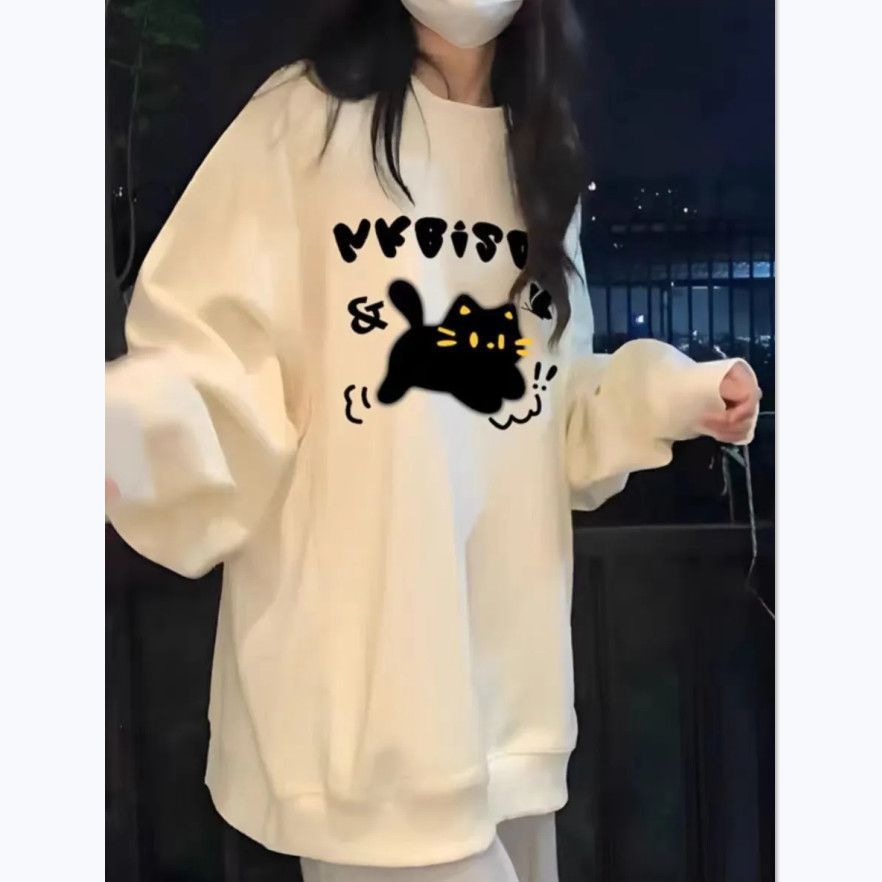 圆领无帽套头奶fufu慵懒美式chic杏色卫衣秋冬宽松oversize加绒女