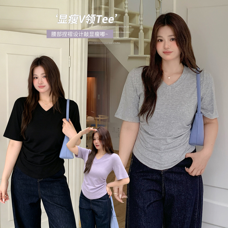 Inno Plus Size Women's Fashionable V-Neck Pure Desire Batwing Shirt 2026 Summer Design Pleated Short Sleeve Top 224546