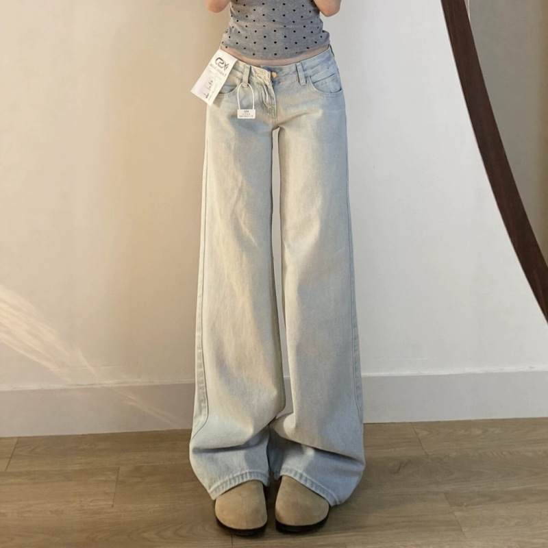 Light-Colored Low-Waist Straight-Leg Jeans for Women, New Spring/Summer American Retro Style, Loose Fit, Slimming Narrow Wide-Leg Floor-Length Pants Light-Colored Low-Waist Straight-Leg Jeans for Women, New Spring/Summer American Retro Style, Loose Fit, Slimming Narrow Wide-Leg Floor-Length Pants