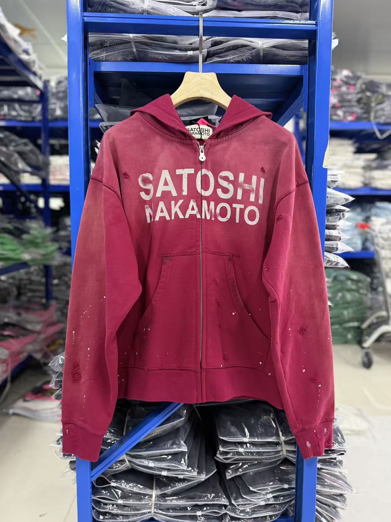 Satoshi Nakamoto Hoodie Distressed Paint Splatter Red