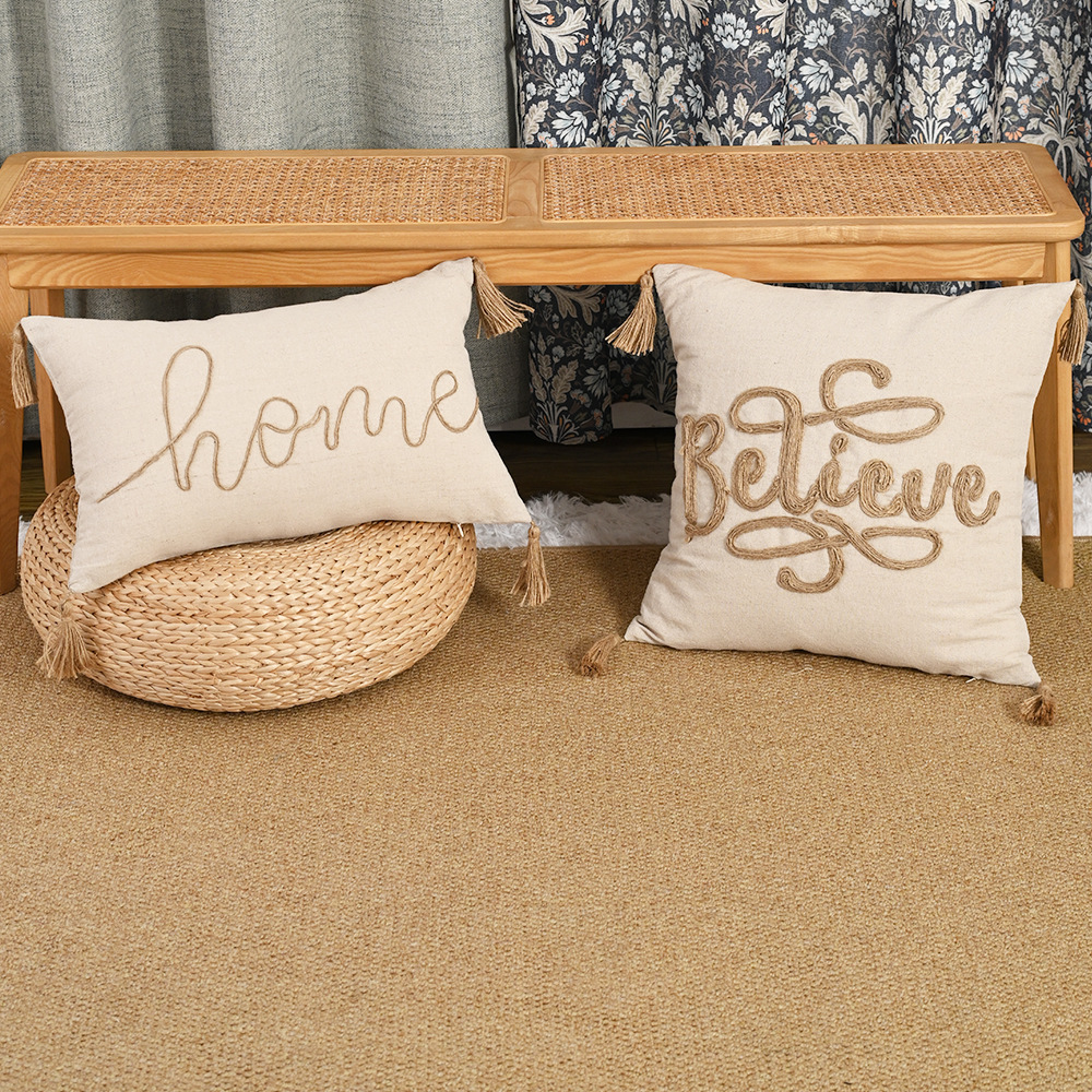 Funda de almohada bordada con cuerda de cáñamo nórdico transfronterizo Espiga colgante de cuatro esquinas Almohada pastoral retro Sala de estar Almohada de sofá Almohada de cintura