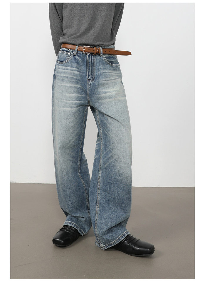 Quần jeans nam ống rộng lưng giữa, dáng suông thoải mái, chất denim washed — màu xanh, màu xanh nhạt, màu xám đen chi tiết 6