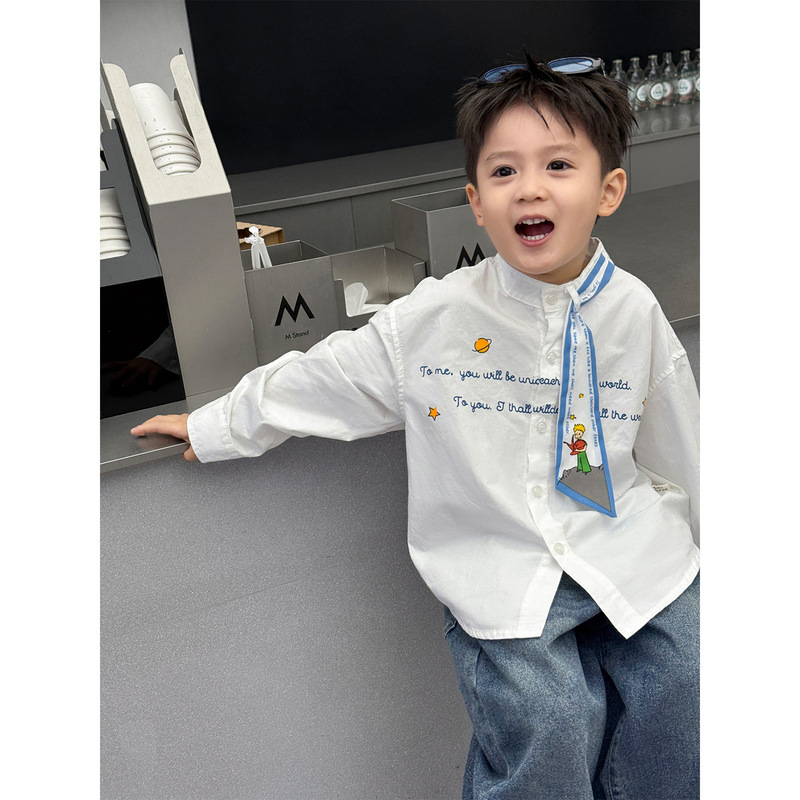 Boys' Autumn Clothing 2026 New Style Children's Autumn Long-Sleeve Little Prince Personalized Tie Korean Style Trendy Casual Shirt