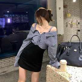 一字肩连衣裙女秋季条纹长袖衬衣拼接包臀裙子女假两件洋气百搭款