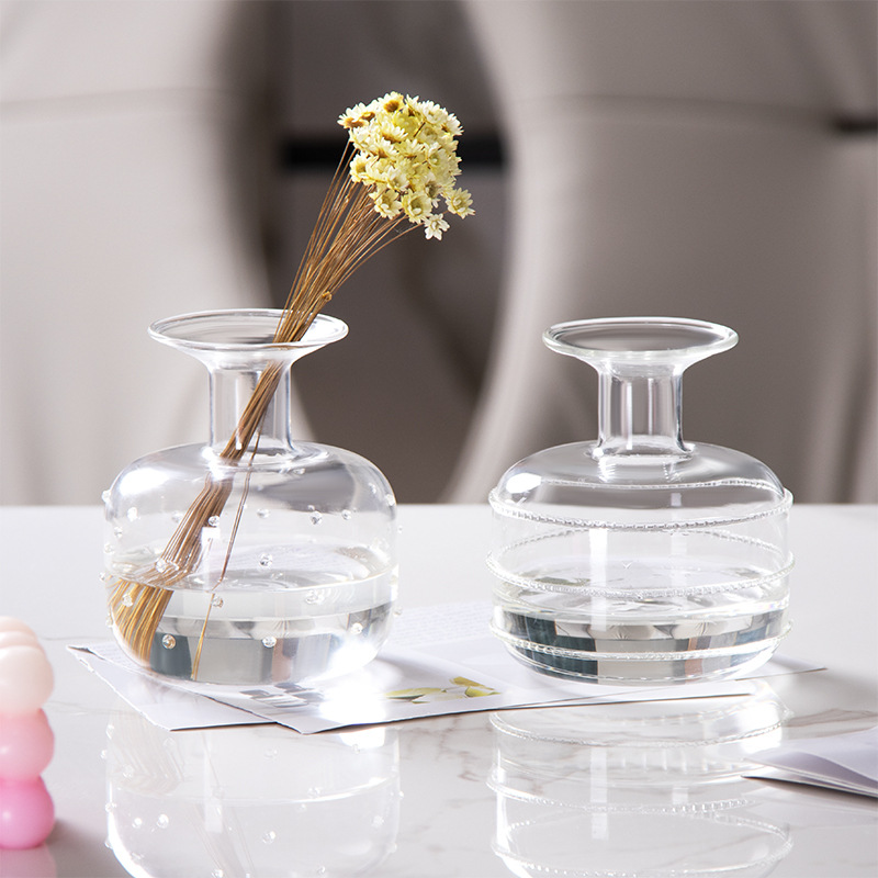 Jarrón pequeño de cristal transparente con puntos de seda tridimensionales, adorno para arreglos florales en la sala de estar, flores frescas, hidropónico, estilo francés de lujo ligero.