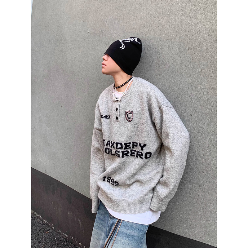 American Retro Henry Collar Letter Print Sweater for Men, Cleanfit Loose Design Knitwear Top Trendy