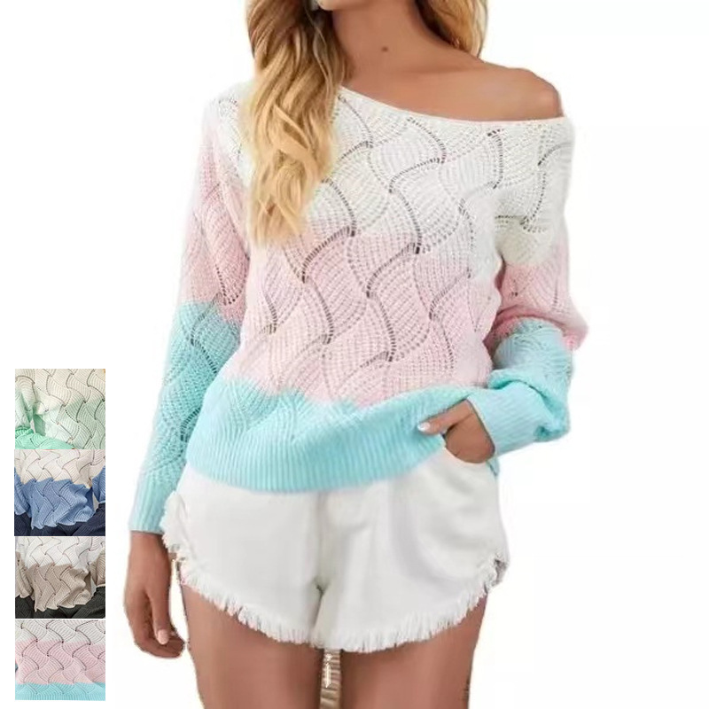 Amazon Cross-border 2024 Europe and the United States New Sweater Knitted Hollow Sweater Striped Color Block Casual Knitted Sweater Sweater