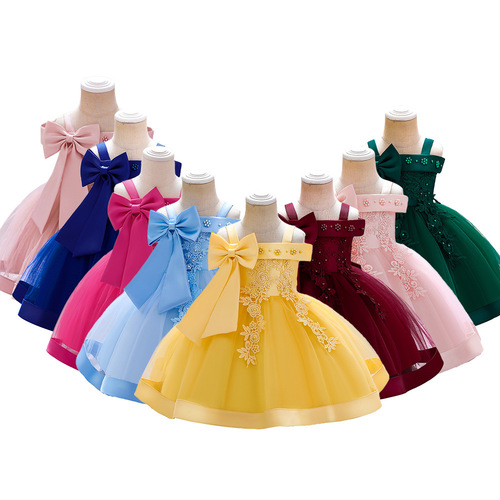 New Children's Dress for Girls with Pearl Flowers, Everyday Wear, One-Shoulder Strappy Birthday Dress for 1-Year-Old Babies