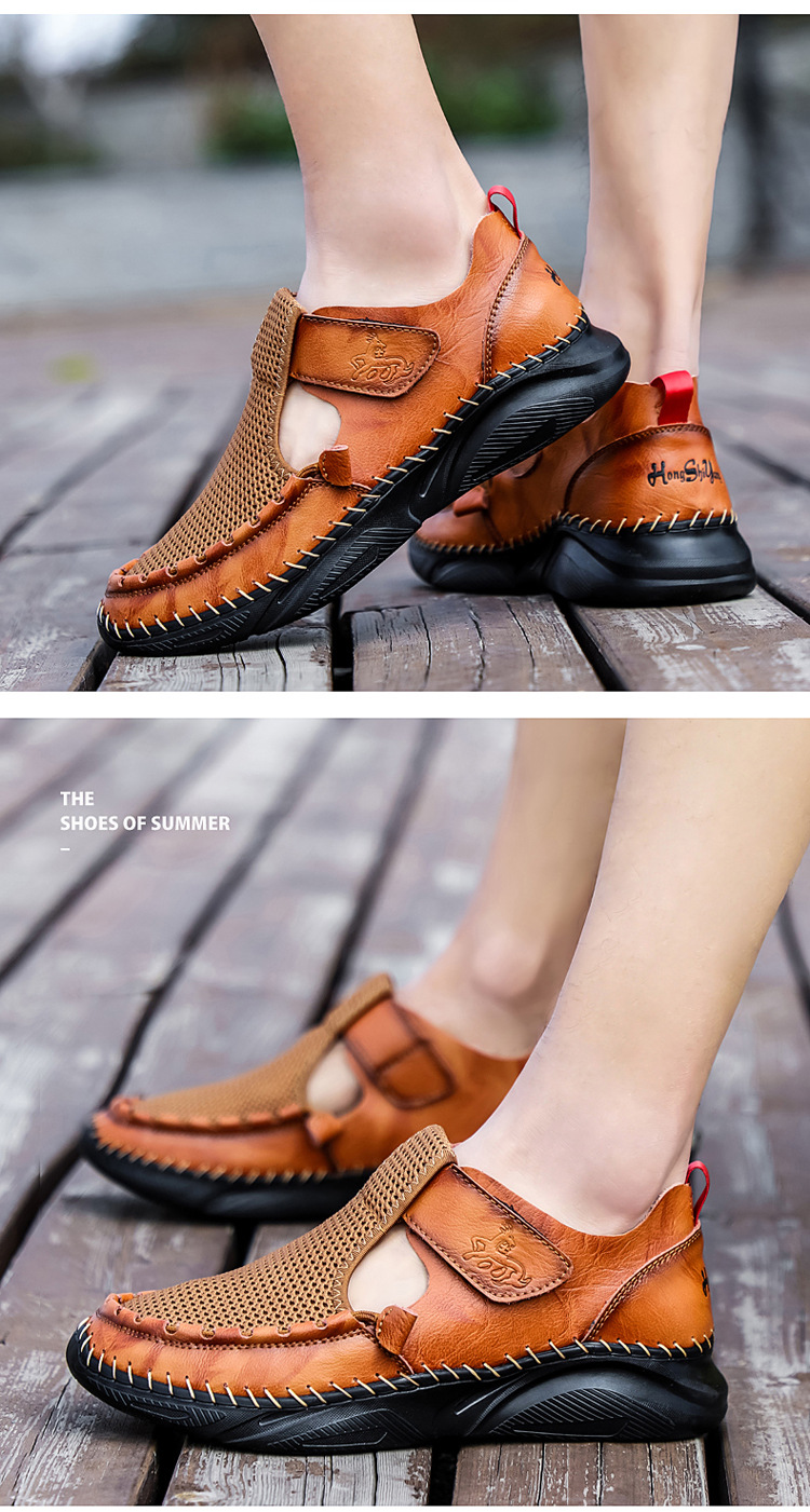 Cross-border plus-size men's sandals 2021 Summer new style mesh shoes, perforated breathable cowhide outdoor sports wading slippers undefined