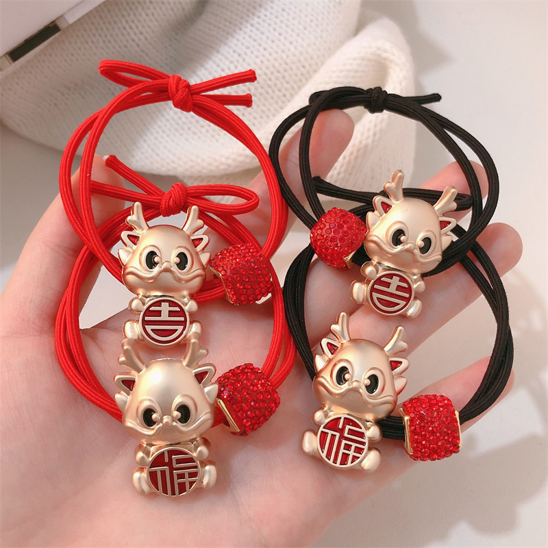 Año del Dragón Zodiaco de alta sensación metal rojo Año Nuevo anillo de cabello de alta altura cuerda elástica cuerda de cabello festiva adornos para el cabello