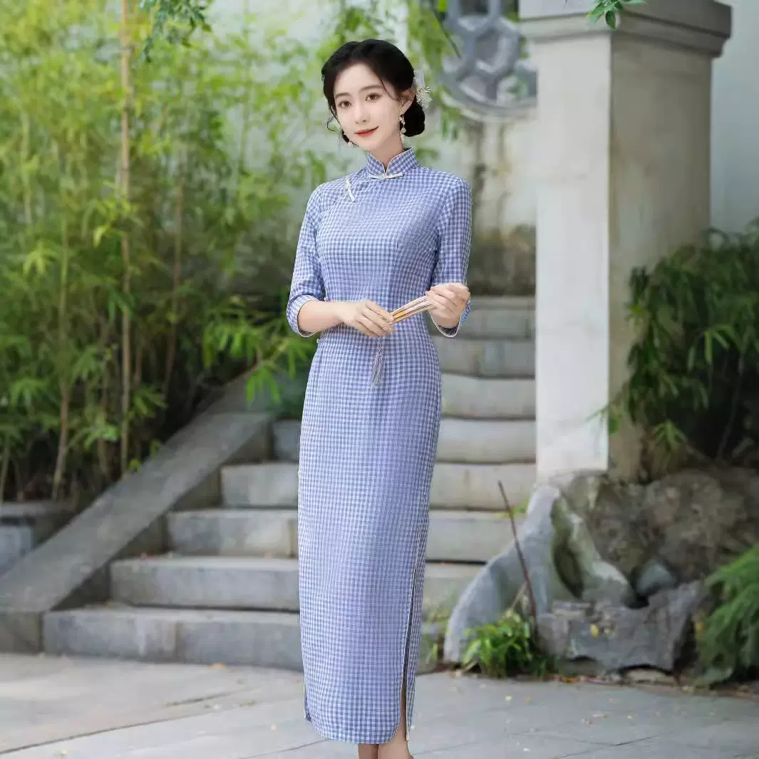 全开襟格子旗袍2025春季年轻款棉麻气质女复古文艺中国风旗袍长款