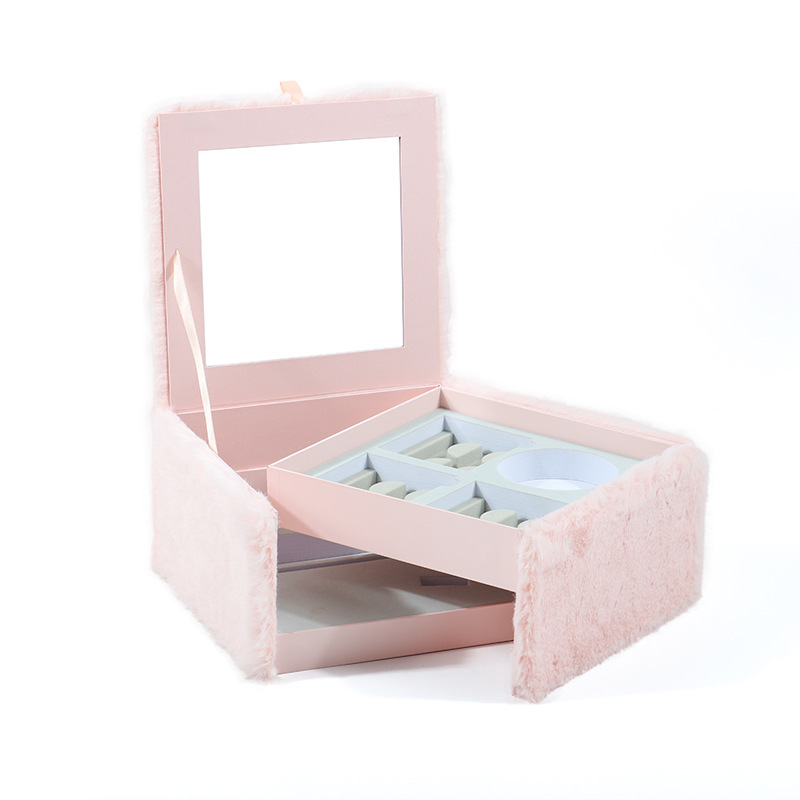 Caja de embalaje portátil de almacenamiento de pestañas de doble capa con espejo Caja de regalo cosmética de felpa multicapa personalizada image 4