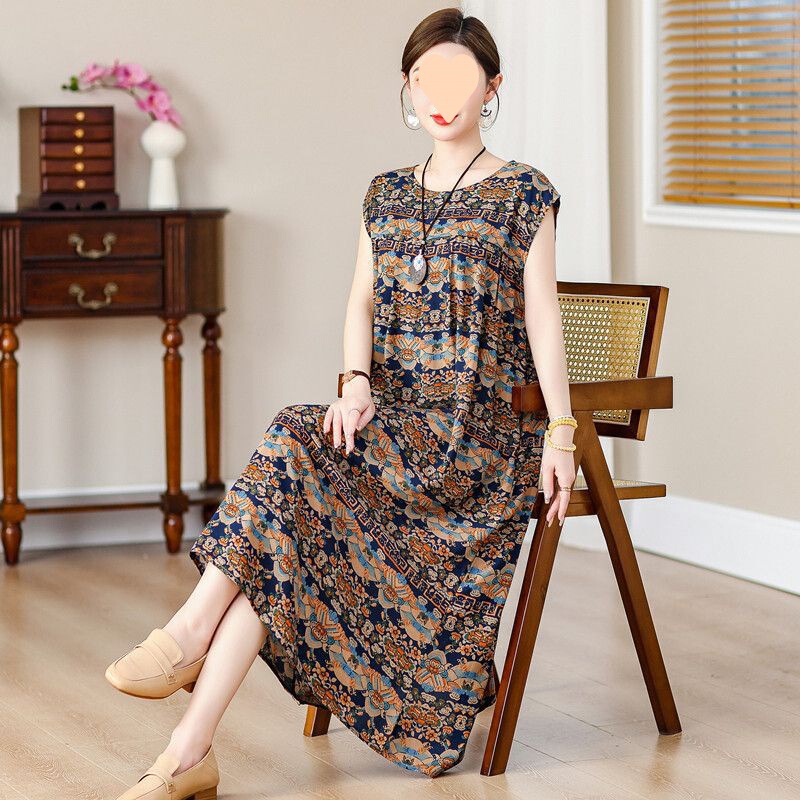 Cotton Silk Dress 50 to 60 Years Old, High-end Middle-aged and Elderly Women's Clothing Plus Fat Plus Size Fat Mother 100kg Flesh-covering Skirt