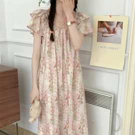 棉Korea夏季新款睡衣女连衣裙温柔花色简约可外穿学生家居服睡裙
