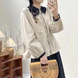 日系复古刺绣棉麻娃娃领衬衫大码宽松显瘦百搭长袖气质减龄上衣女