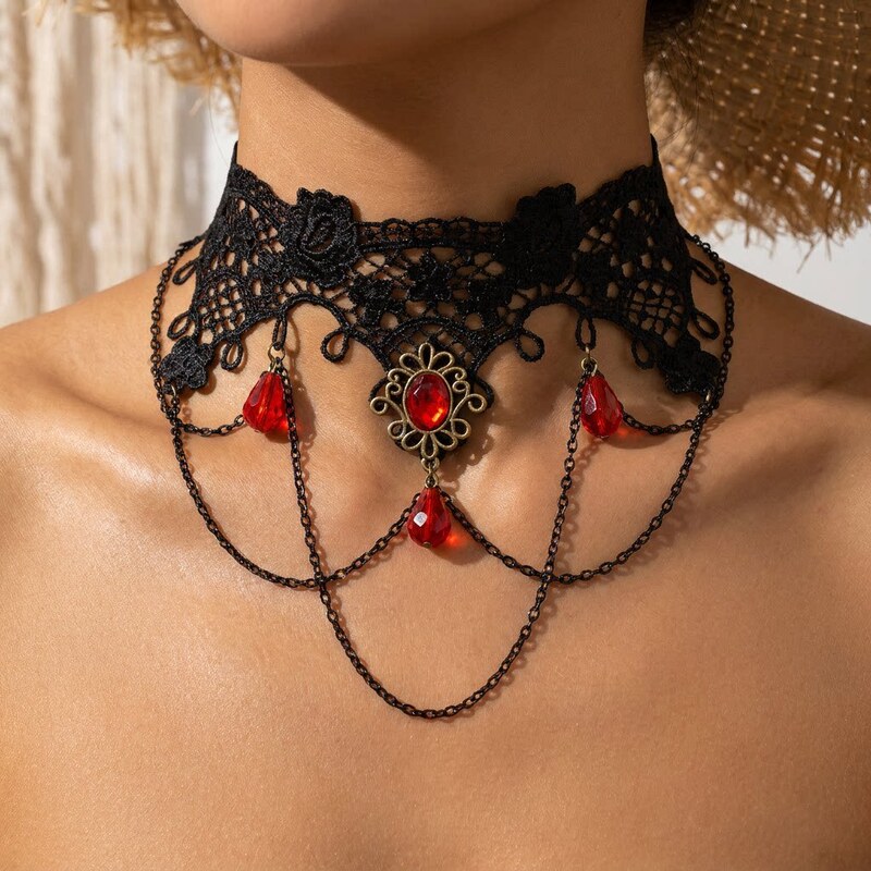 Cross-border bestseller gothic style black lace choker, European and American sexy fashion rose flower sparkling ruby bracelet for women Cross-border bestseller gothic style black lace choker, European and American sexy fashion rose flower sparkling ruby bracelet for women