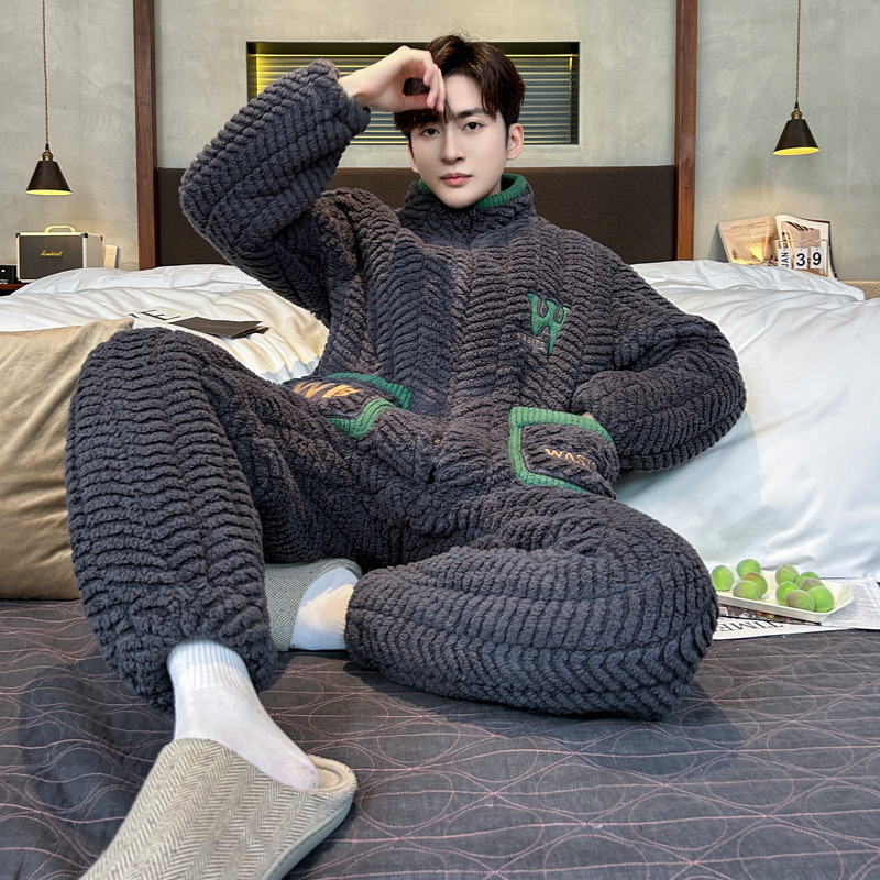 3 층 면 패딩 재킷 잠옷 남자의 가을 겨울 기모 새 겨울 지퍼 산호 양털 홈 옷 세트