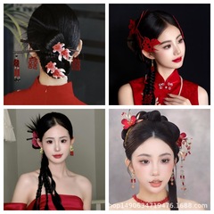 国風の新婦の中国式の竜鳳の羽織の秀禾の服の手作りの玉の古典の漢服の赤い百合のヘアピンの頭飾りのスーツ