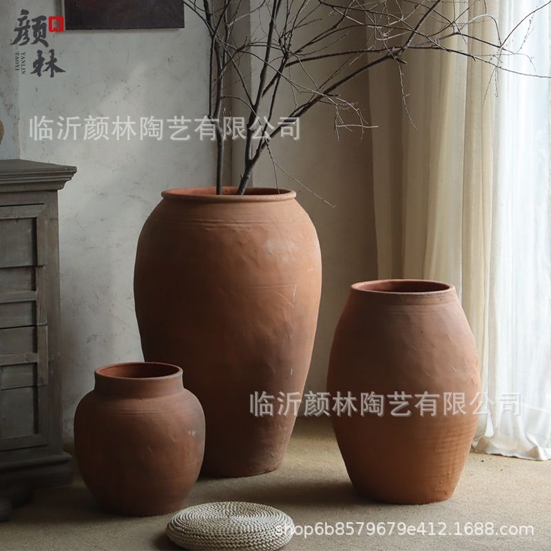 Jiaxiang Feng red set de tres piezas gran vasija de cerámica gran vasija de cerámica paisaje vasija de cerámica decoración residencial cerámica hecha a mano