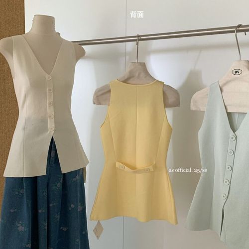 Summer Hot Babe V-Neck Stunning Yellow Top Fashion Design Slimming Sleeveless Knit Split Straps Backless Bra