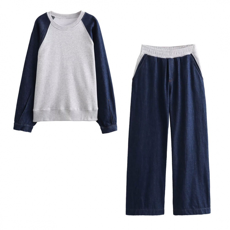 Wholesale 2025 Summer Denim Patchwork Sweatshirt Jogger Pants Women's Set Cc8-9121