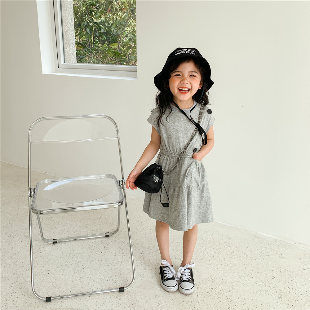 the republic of korea Children's clothing wholesale 2021 A summer girl Dress Solid knitting Female baby leisure time pocket skirt