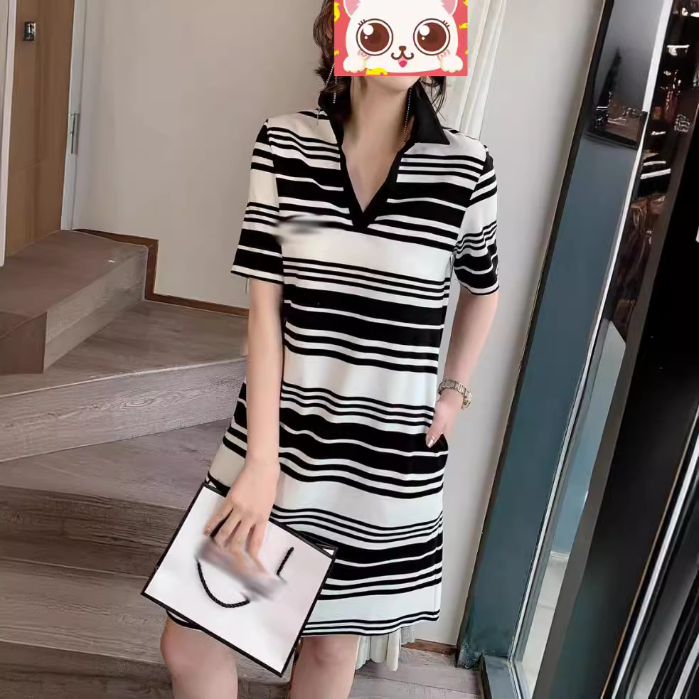 时尚V领黑白条纹裙子短袖连衣裙女欧洲站2022夏装新款韩版欧货潮