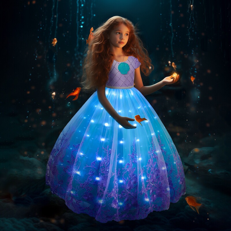 Mermaid Luminous Princess Dress Birthday Dress Girls High-End Dress Long-Sleeved Luminous Mesh Dress Children's Day Dress Mermaid Luminous Princess Dress Birthday Dress Girls High-End Dress Long-Sleeved Luminous Mesh Dress Children's Day Dress