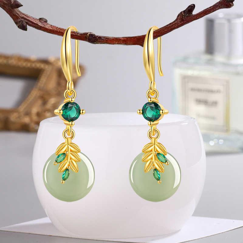 Ethnic Style Palace Inlaid White Zircon Imitation Safety Buckle Hetian Jade Earrings Women's Chalcedony Earrings Earrings Fan Shell Earrings