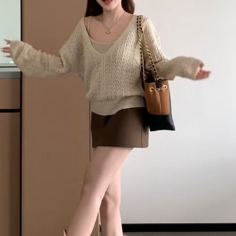 芊语 早秋超好看韩系穿搭一整套法式V领镂空毛衣叠穿背心两件套装|undefined