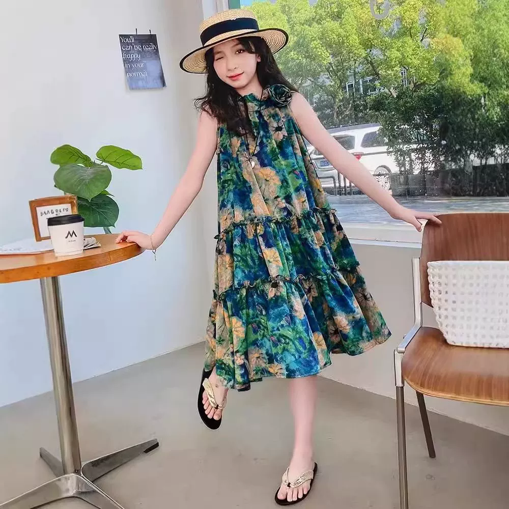 2024 новая летняя девушка юбка для спины прохладная без рукавов длинная юбка родительская юбка платье для девочек среднего возраста