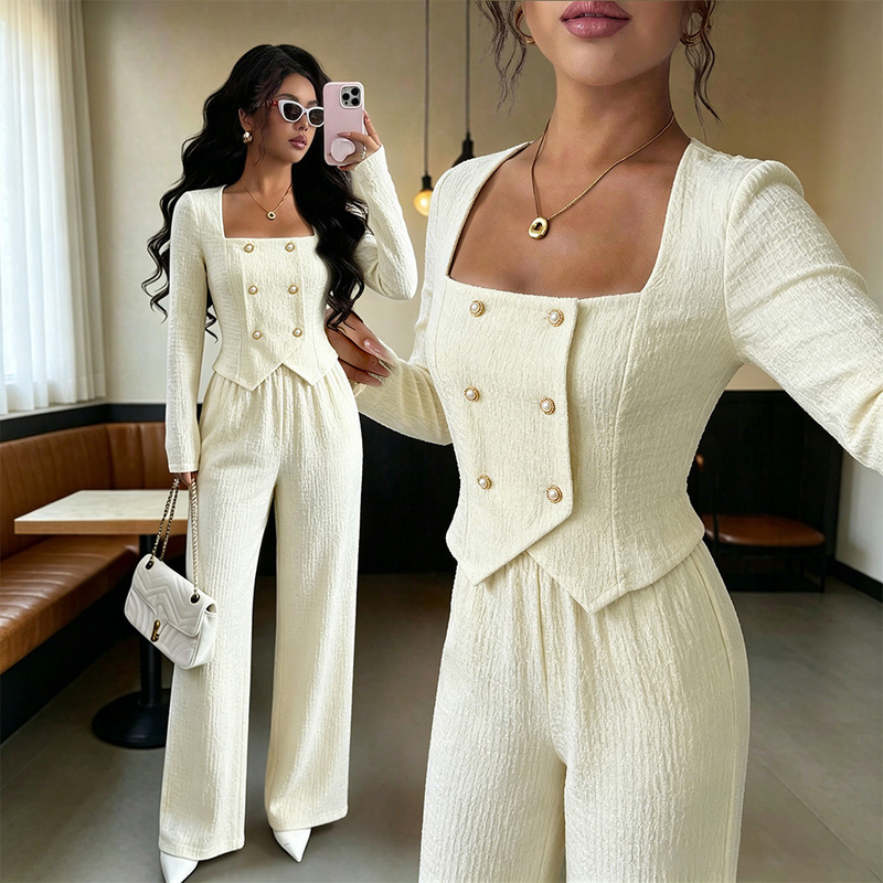 Cross-Border European and American New Style Square-Neck Double-Breasted Suit for Women, Waist-Cinching Top, Wide-Leg Pants, Elegant Commuter Two-Piece Set