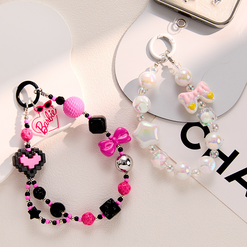 New Barbie Mobile Phone Chain Black Pink Sweet Sexy Dopamine Mobile Phone Accessories Ins Beaded Pendant Chain Jewelry