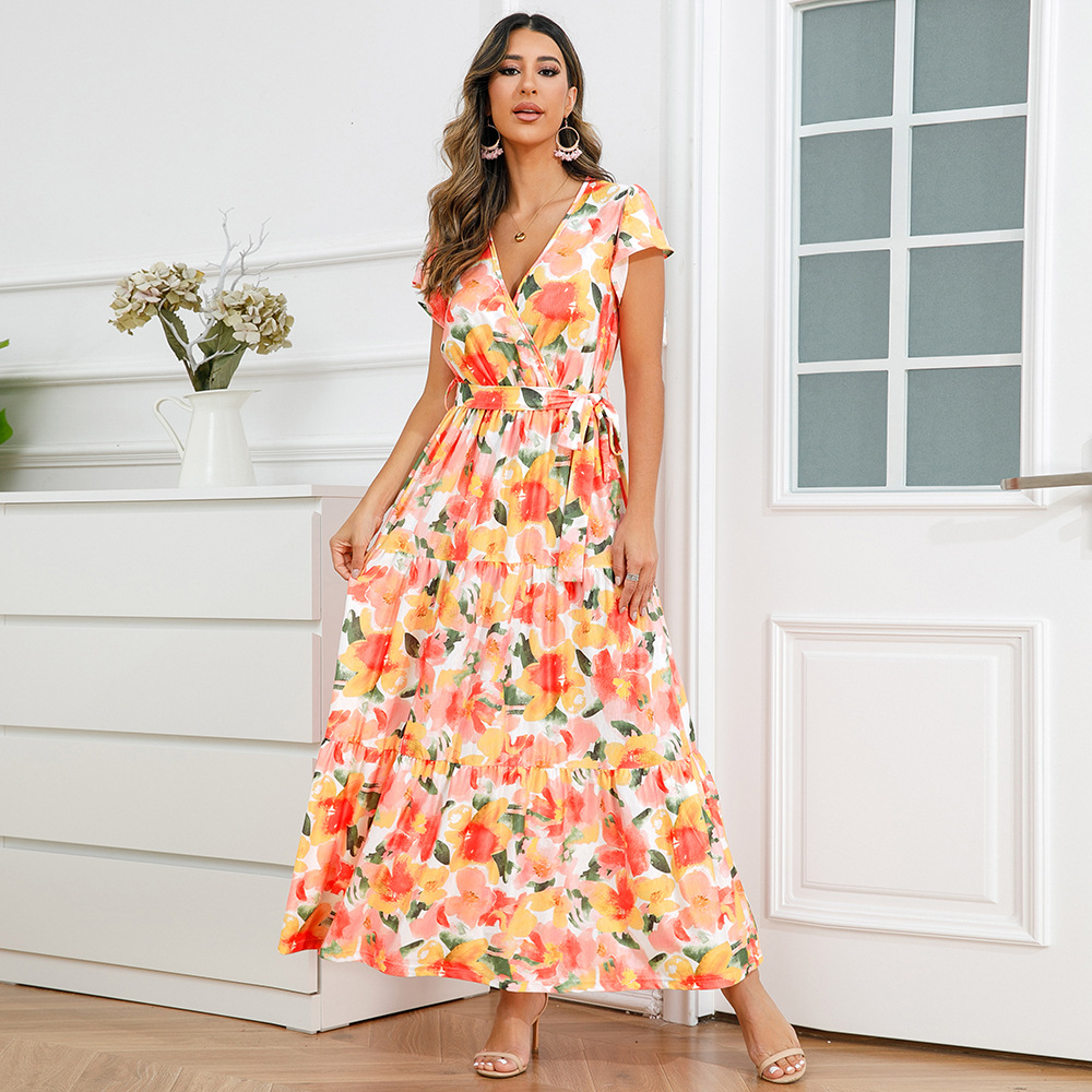 Women's A-line Skirt Elegant V Neck Printing Short Sleeve Flower Maxi Long Dress Holiday display picture 1