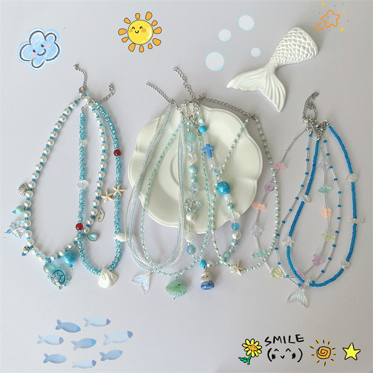 Summer starfish shell fishtail necklace dopamine seaside blue y2k stars beaded clavicle chain stacked necklace