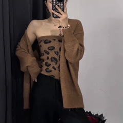 十三行秋季豹纹抹胸吊带+开衫外搭毛衣外套两件套慵懒风毛衫上衣