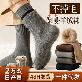 超厚羊毛袜子男冬季中筒加绒加厚长袜秋冬款纯色羊绒保暖发热棉袜