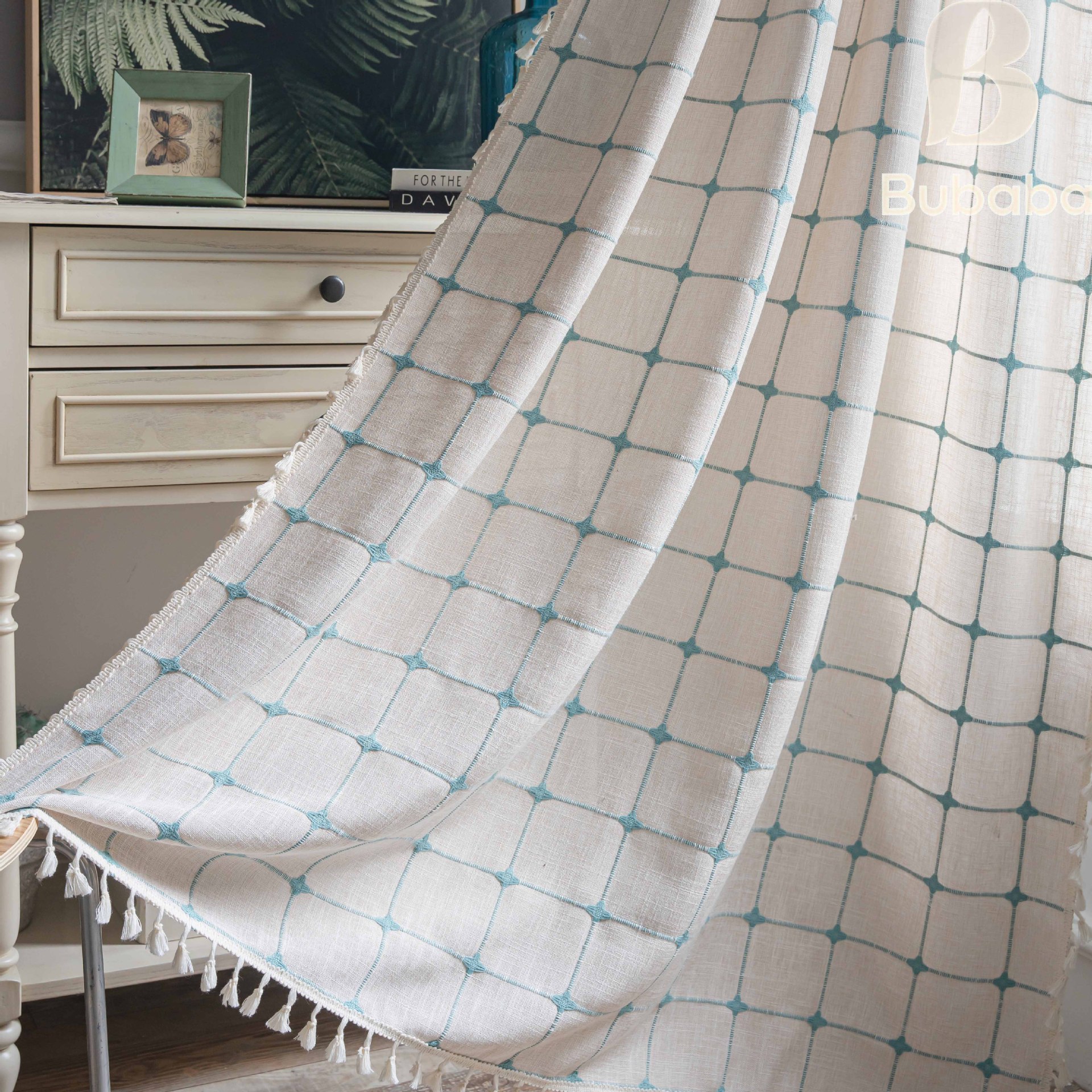 로드 - 블루 라인 미디엄 체크 무늬 + 베이지 맞춤형 태슬