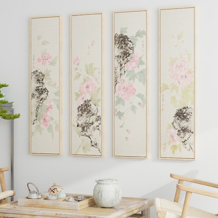 芙蓉花新中式客厅装饰画酒店包间玄关挂画背景墙餐厅花卉四联壁画|undefined