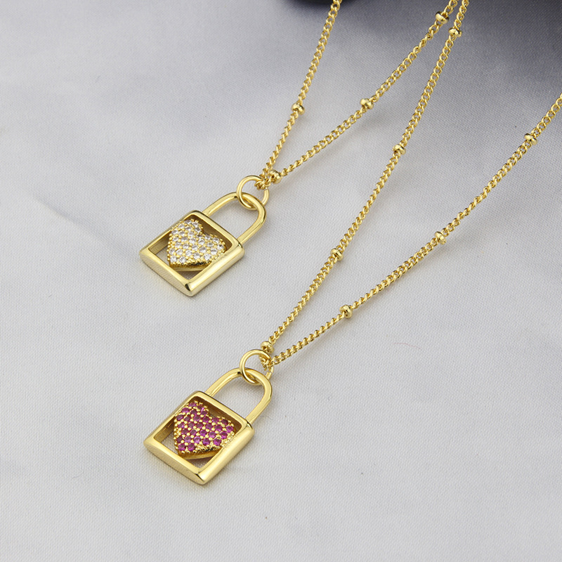 American new inlaid zirconium heart-shaped lock copper necklace