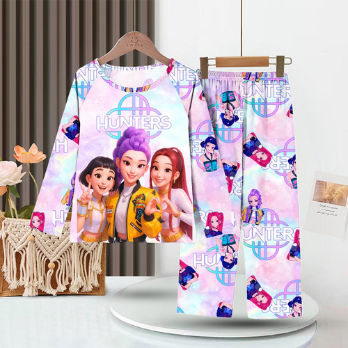 Southeast Asia children's pajamas, middle-aged children's long-sleeved trousers suit, demon hunting girls 'group, little girls' cartoon home wear wholesale