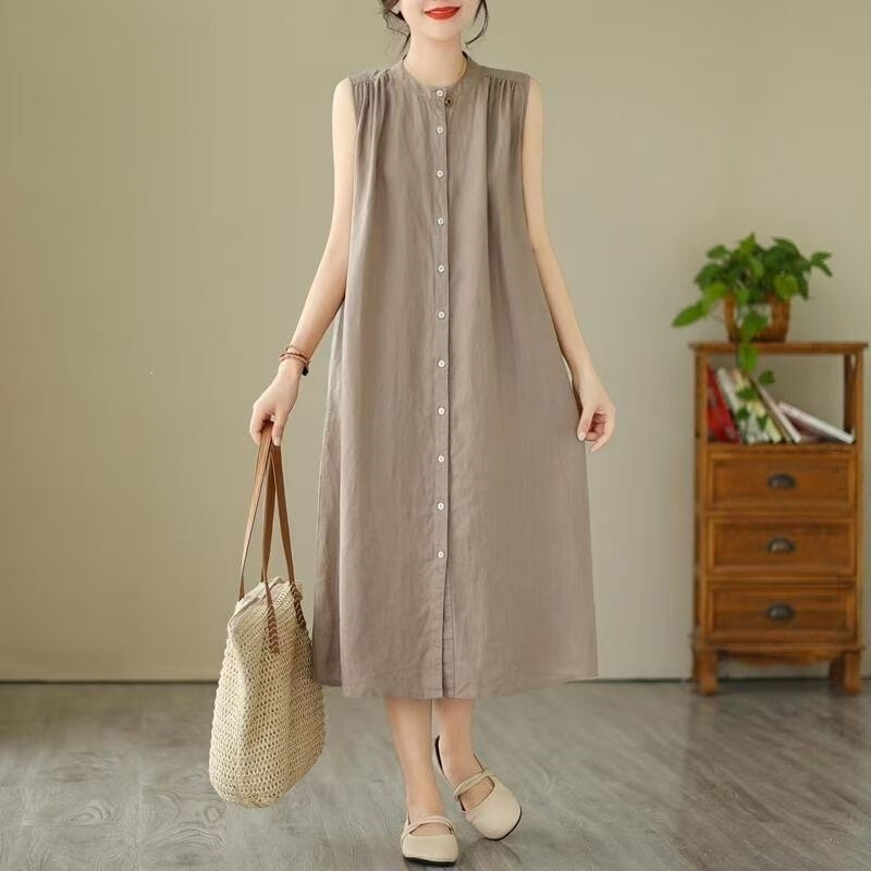 Casual Solid Color Dress, Sleeveless Dress, 2025 Summer New Style, Slimming and Elegant, Solid Color Cotton and Linen Shirt, Loose Fit Casual Solid Color Dress, Sleeveless Dress, 2025 Summer New Style, Slimming and Elegant, Solid Color Cotton and Linen Shirt, Loose Fit